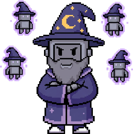 Merlin surrounded by four smaller apprentice robots