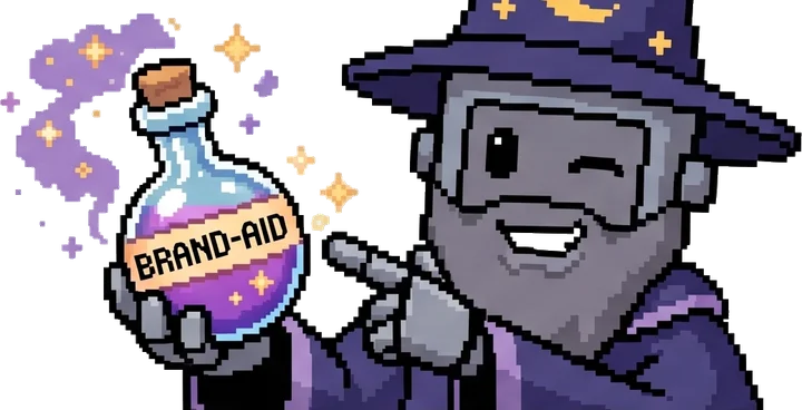 Cheeky Merlin winking with a Brand-Aid potion