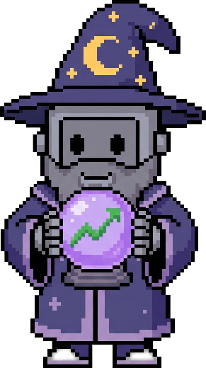 Merlin holding a crystal ball with a rising trend line in it