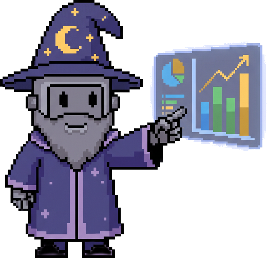 Merlin pointing at a dashboard of charts