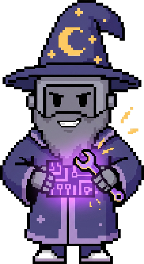 Merlin with a wrench, repairing his own circuitry