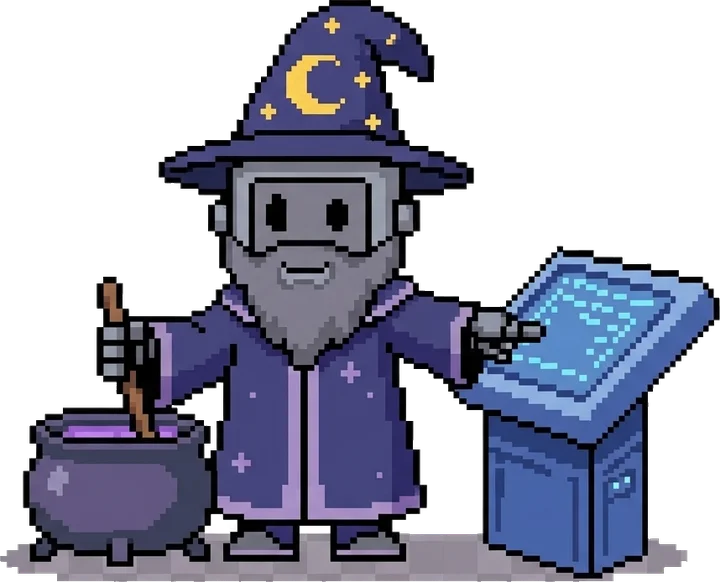 Cheeky Merlin, the robot wizard, brewing a forecast beside a data terminal